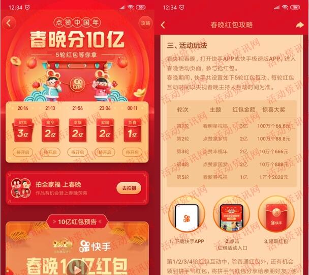 快手APP今天春晚5轮互动瓜分10亿微信红包 最高2020元-惠小助(52huixz.com)