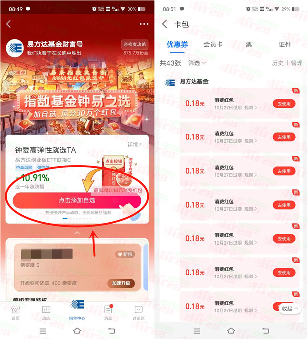 支附宝易方达基金财富号领1.26圆支附宝消费红包 亲测秒到-汇一线首码网